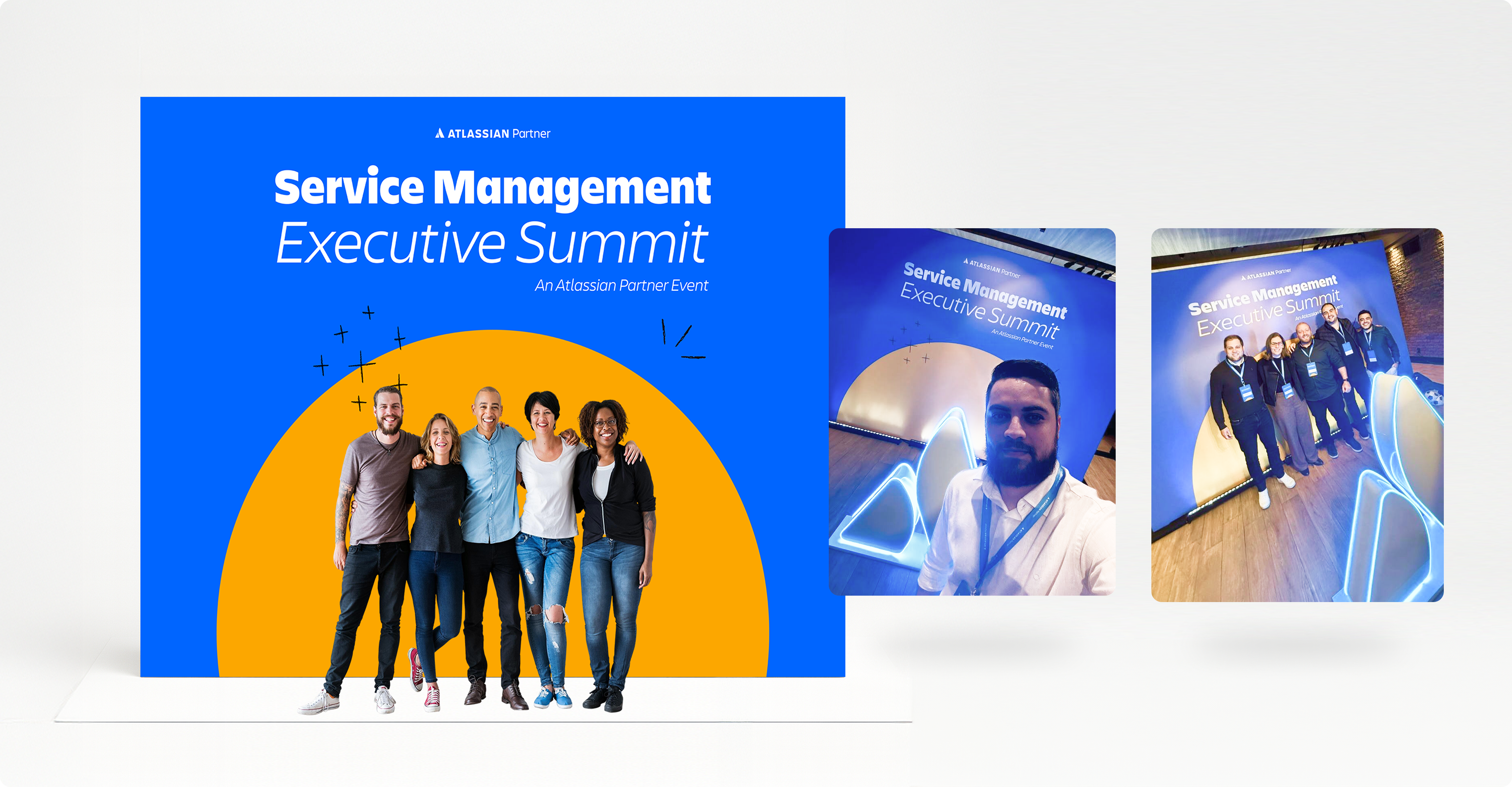 Fotos dos eventos, peças de divulgação e ambientação visual da Miro e Atlassian