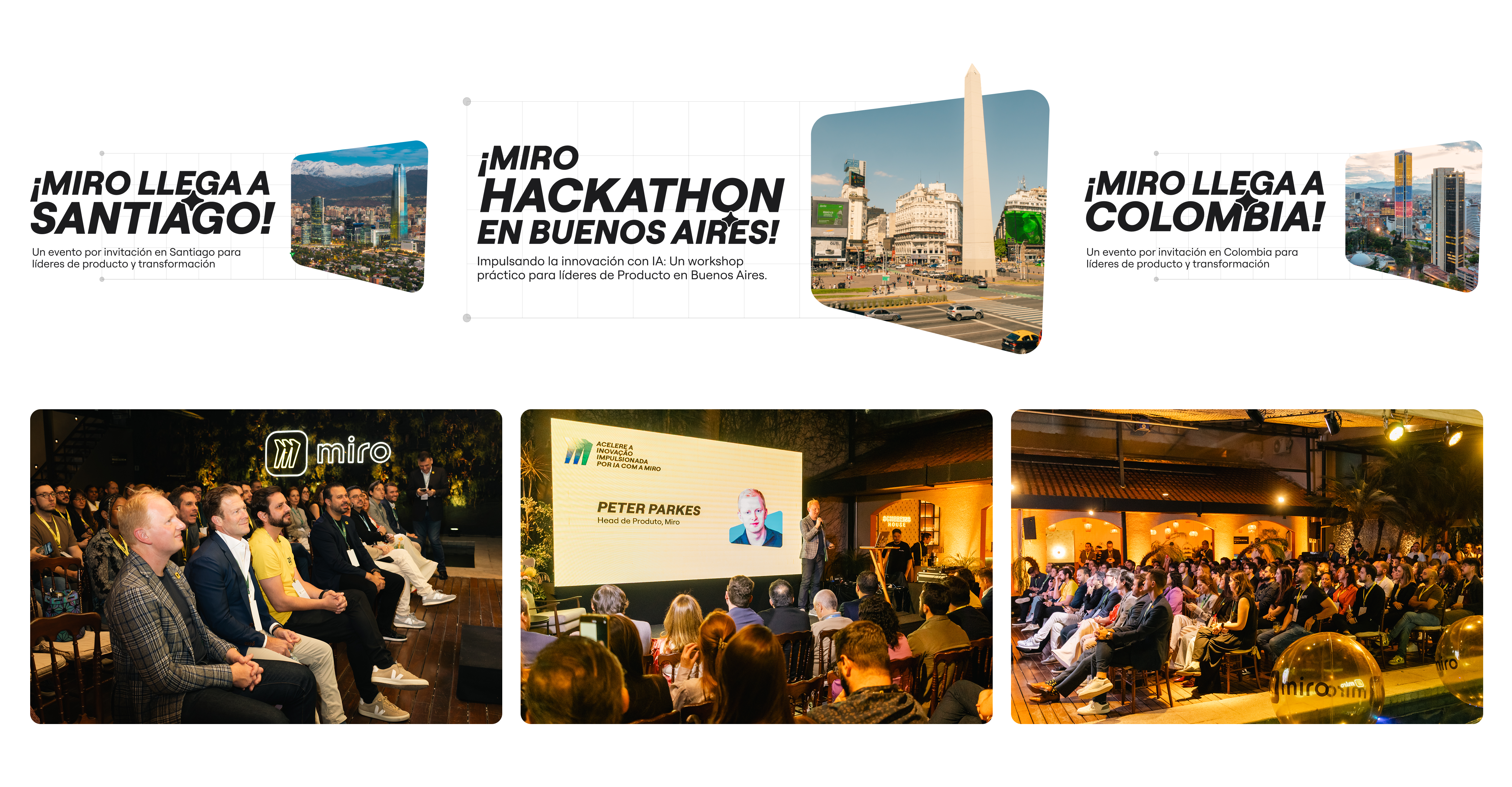 Painéis do evento, apresentações e materiais de sinalização da Miro e Atlassian