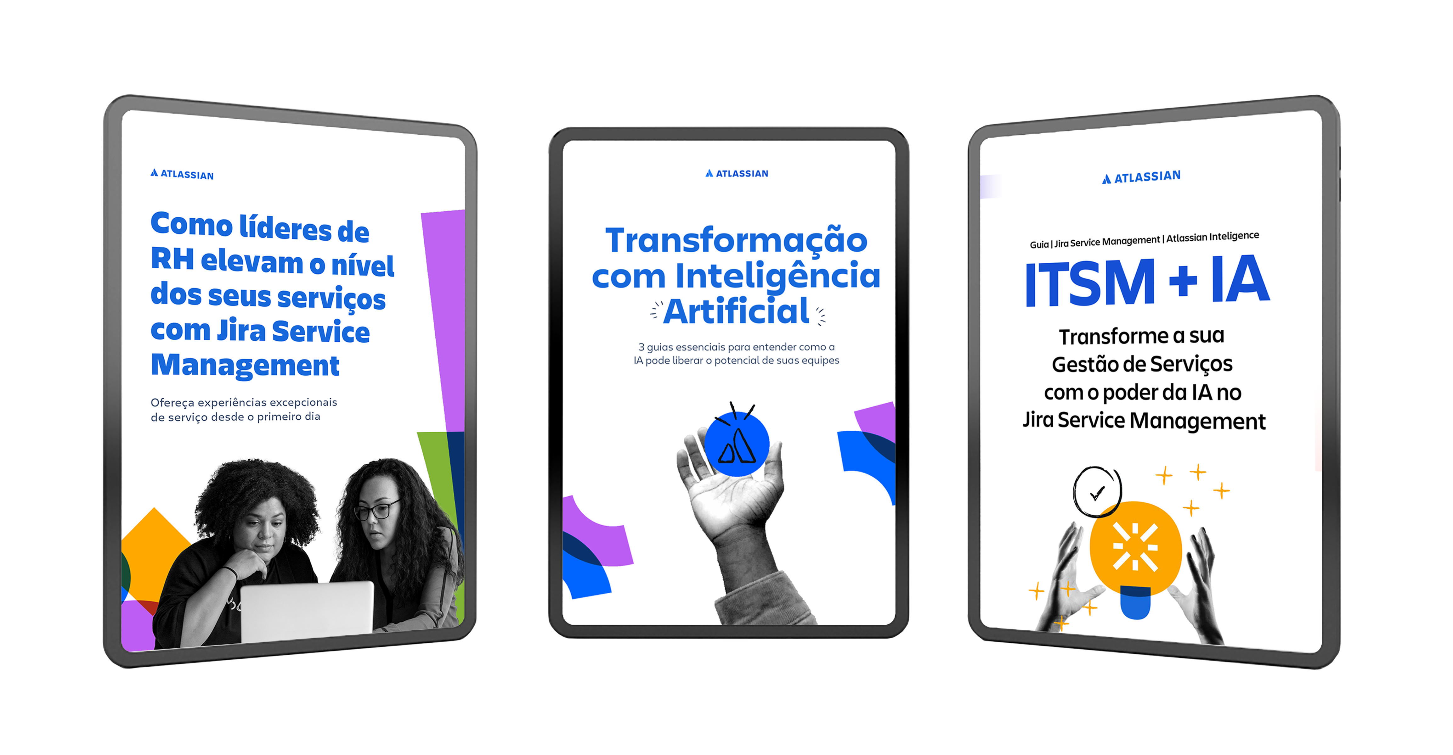 E-books da campanha, peças para LinkedIn e layouts editoriais da Atlassian